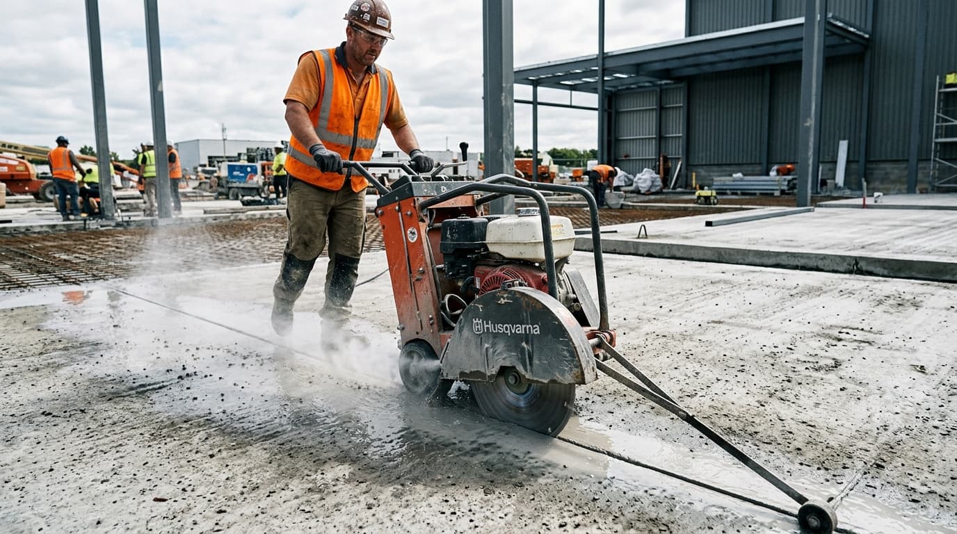 Vloerzaagmachine in actie op betonnen vloer