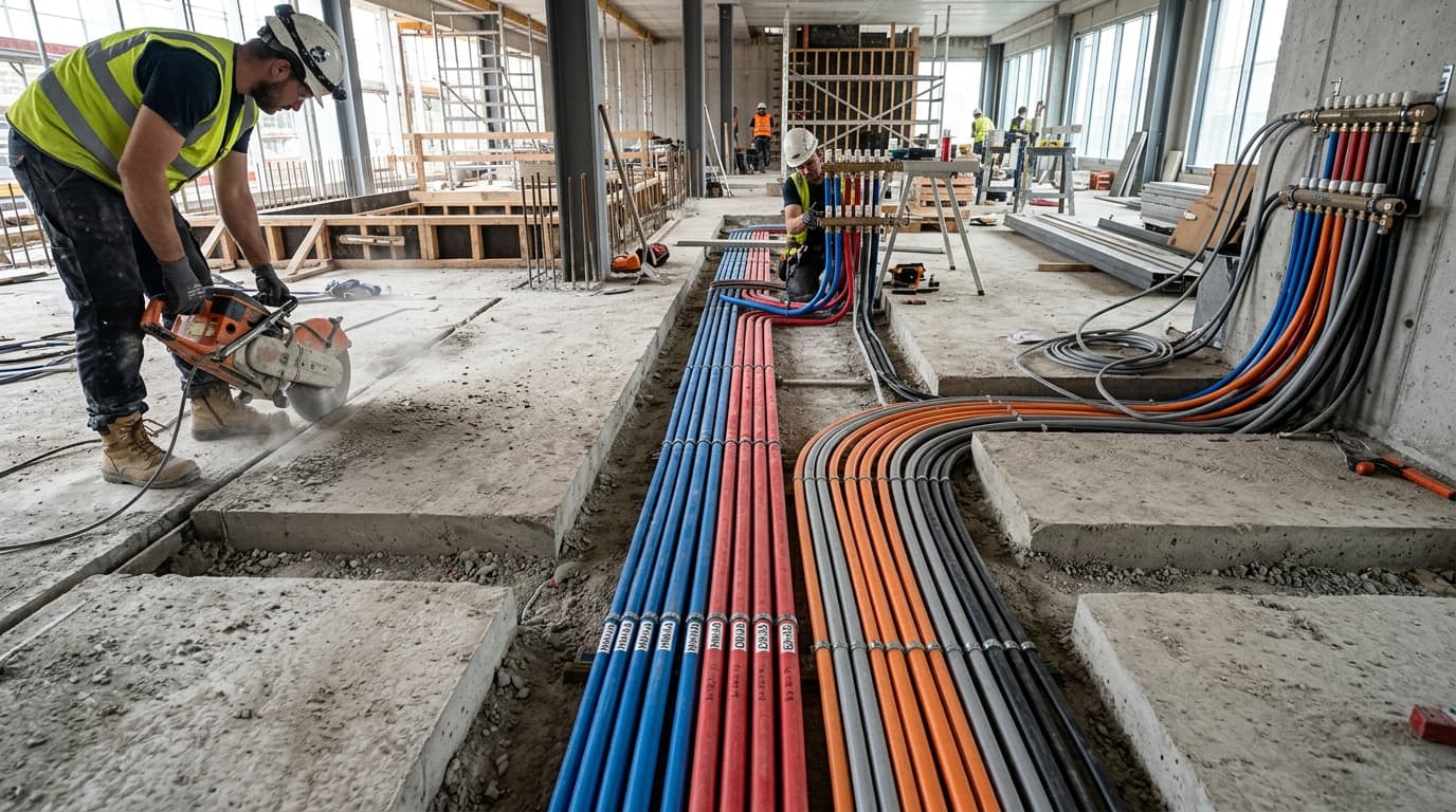 Leidingtracé aangebracht in betonvloer.