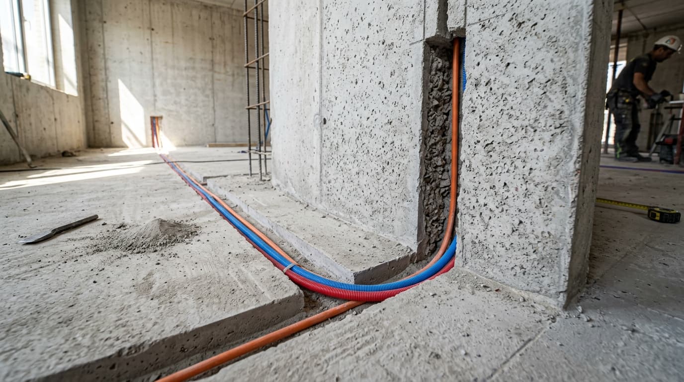 Nauwkeurig gezaagd leidingtracé in betonwand en vloer