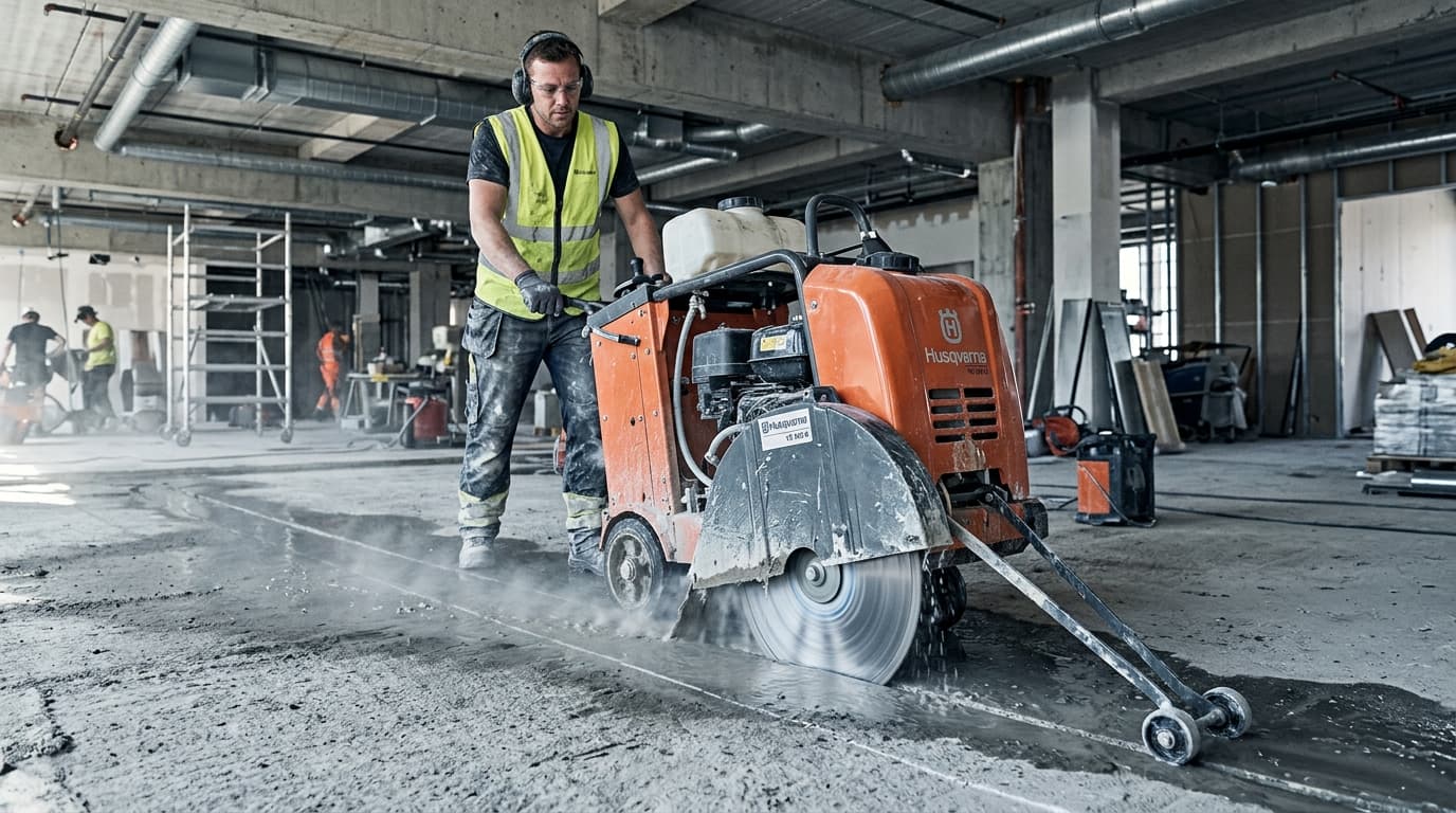 Betonvloer ingezaagd tijdens renovatie.
