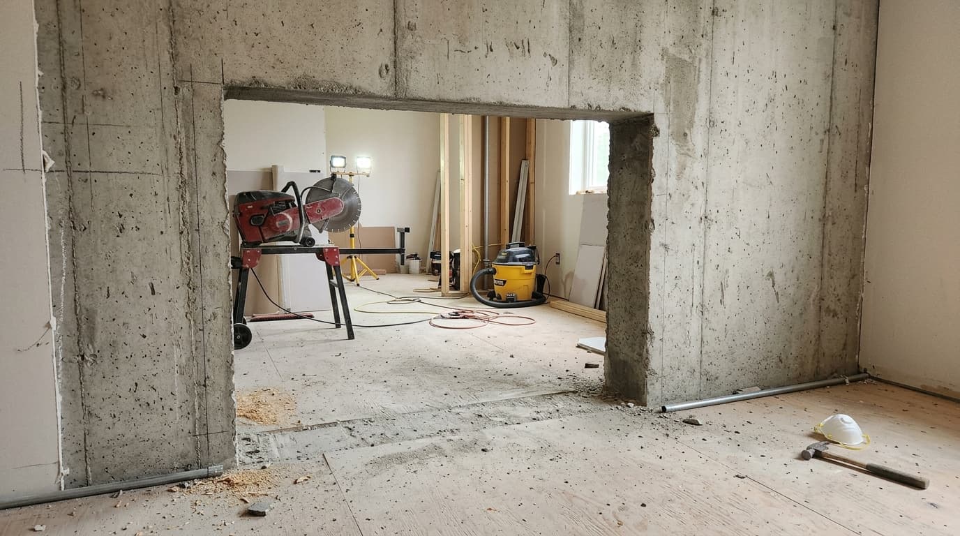 Nieuwe doorgang gezaagd in betonwand.