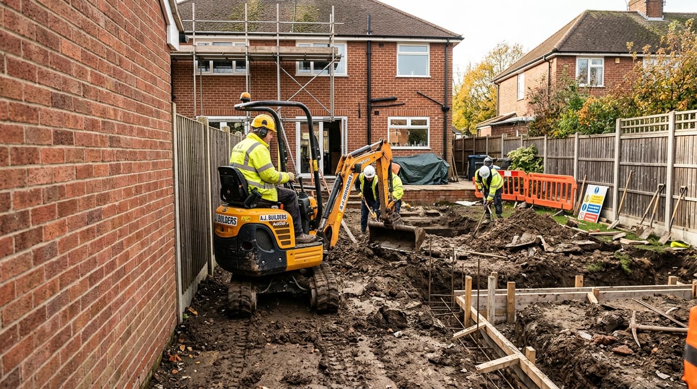 Grondwerk uitgevoerd voor nieuwe aanbouw.