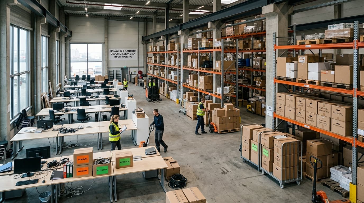 Bedrijfsontruiming magazijn stellingen en werkplekken