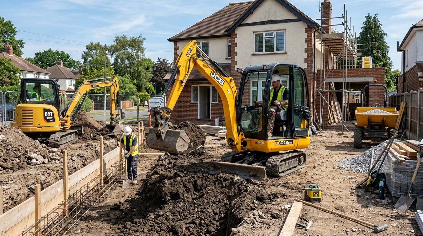 Puin en grond afgevoerd na uitgraving voor aanbouw.