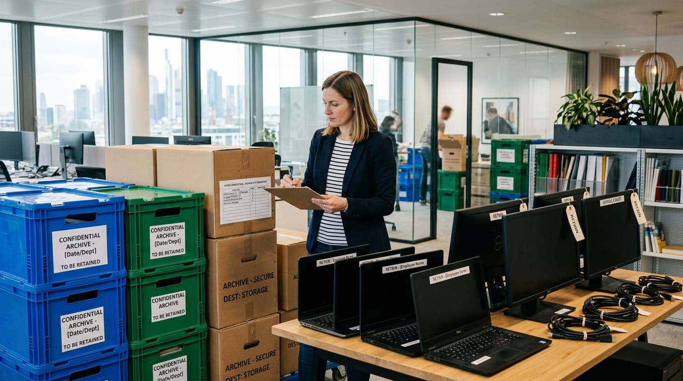 Zorgvuldige sortering van IT-apparatuur en vertrouwelijke kantoorarchieven