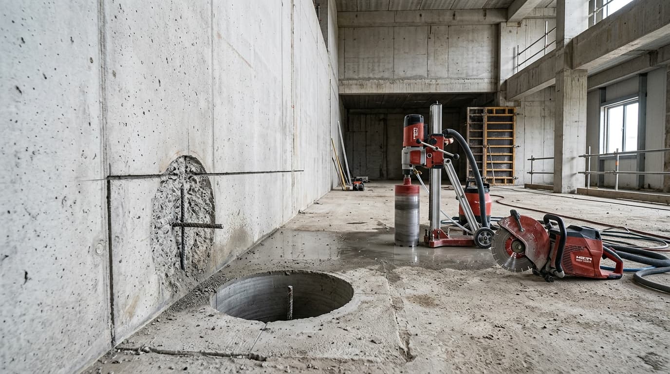 Precisie diamant betonboring en rechte diamantsnede in gewapende betonconstructie