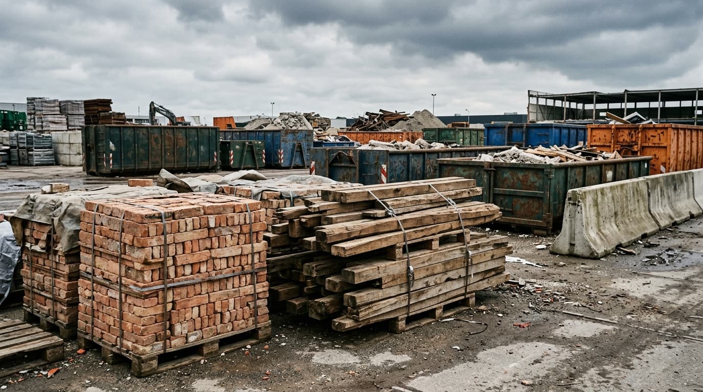 Circulaire deconstructie met hergebruikte Nederlandse bakstenen, houten constructiebalken en gescheiden containers