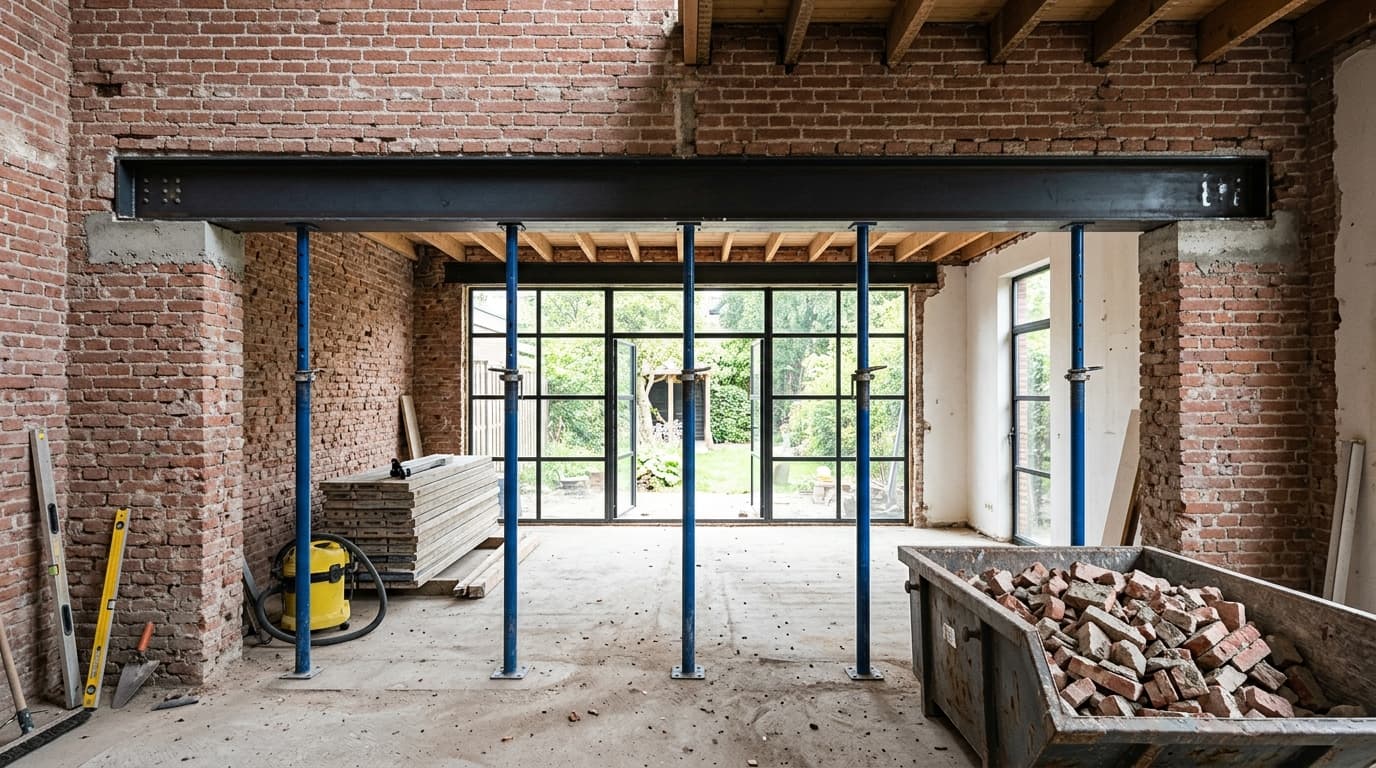 DRAAGMUUR VERWIJDERD & STALEN BALK GEPLAATST VOOR OPEN LEEFKEUKEN.