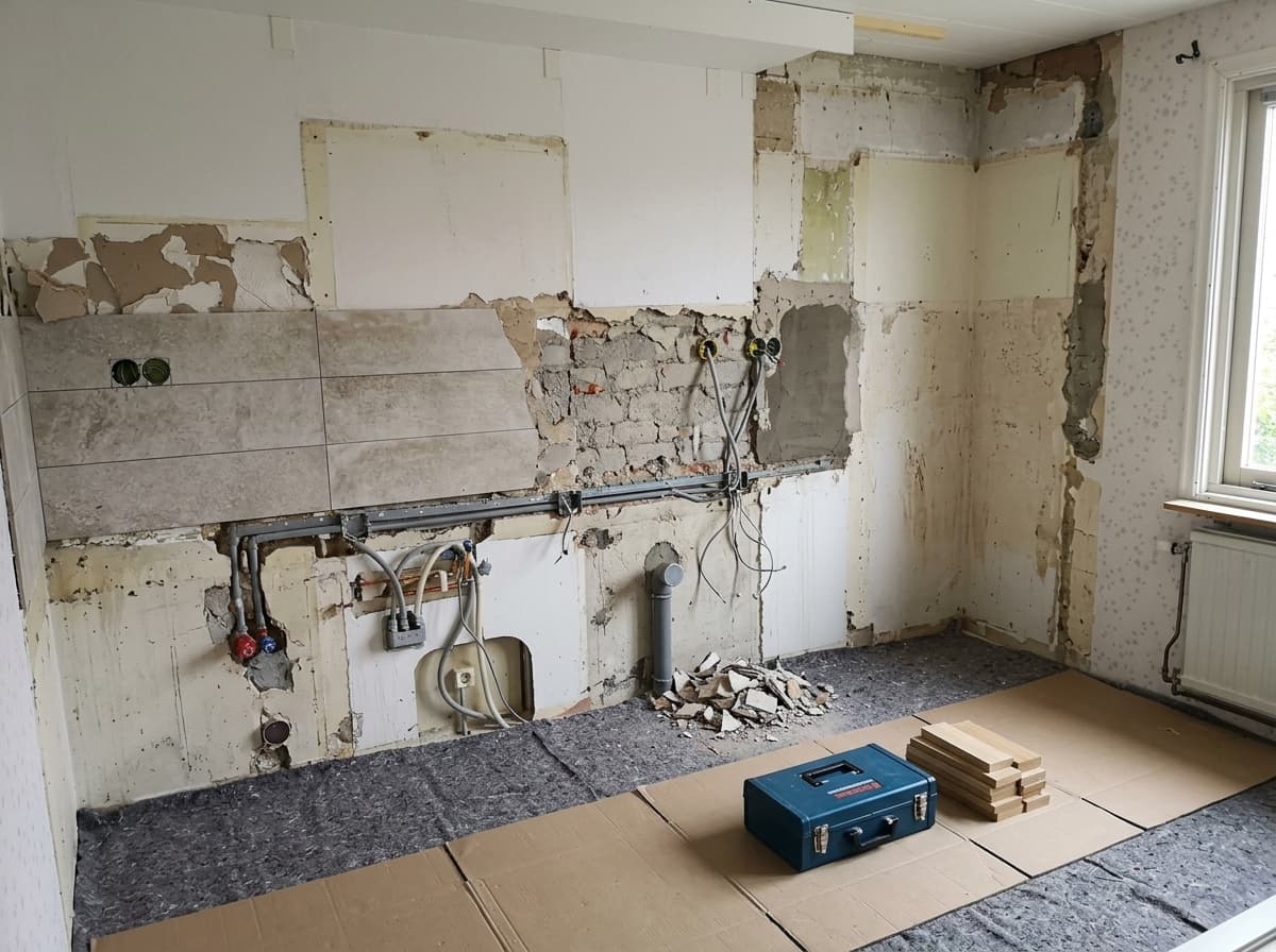 Gestripte keuken met zichtbare en veiliggestelde aansluitingen