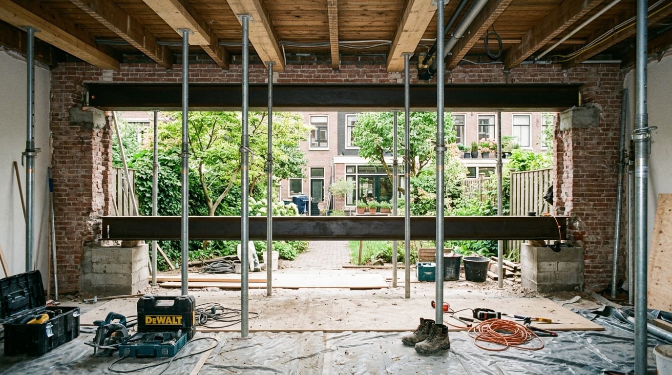 Dragende achtergevel geopend voor 5m brede schuifpui.