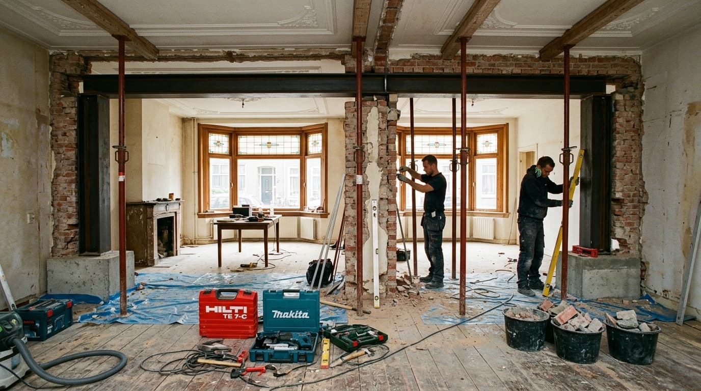 Dragende tussenwand verwijderd in jaren '30 herenhuis.