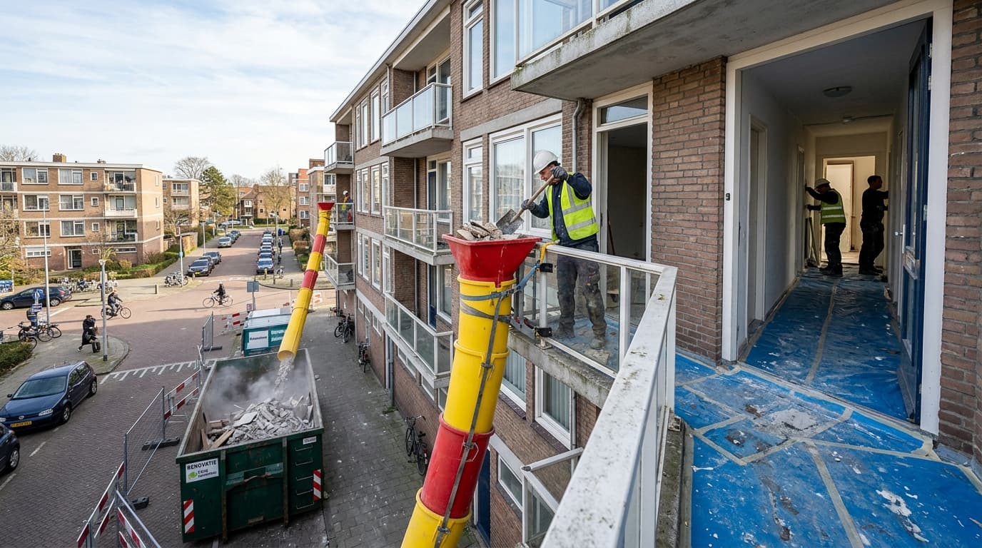 Afvoerroute van puin via stortkokers en beschermde looproutes