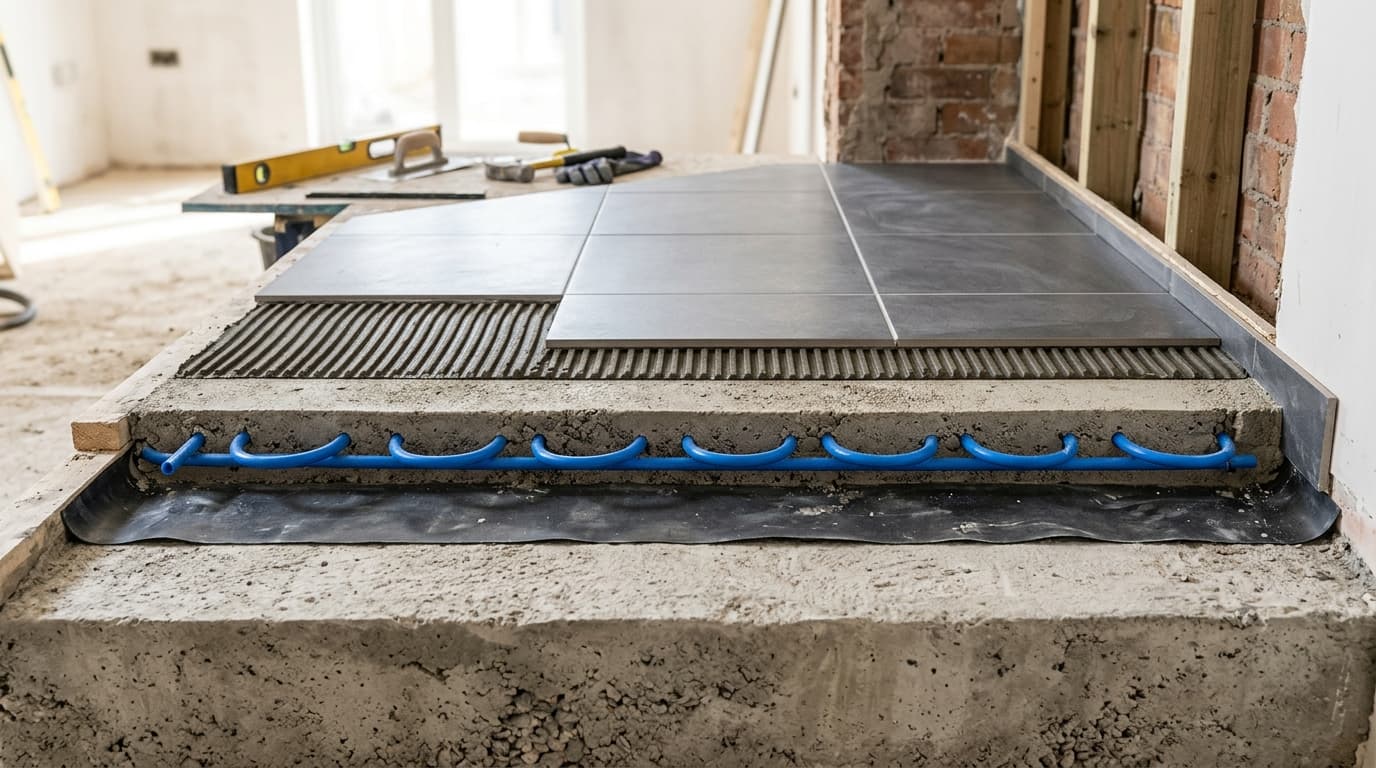 Visuele doorsnede vloeropbouw: afwerking, lijm, dekvloer en constructievloer